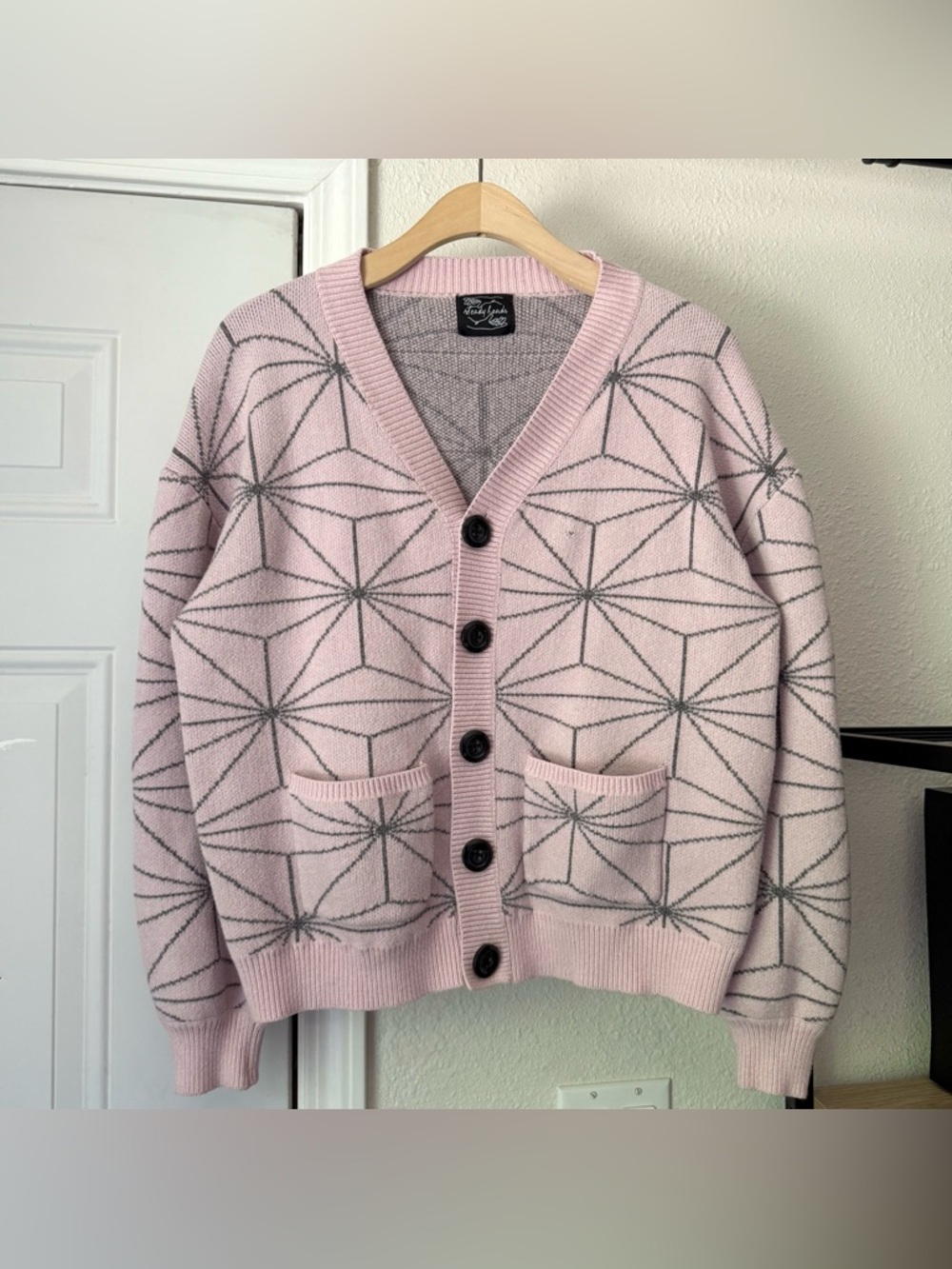 STEADY HANDS blush pink geo chunky knit cotton blend cardigan sweater